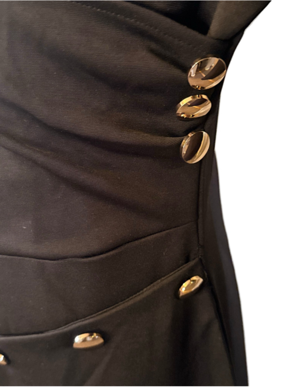 Black Asymmetrical Wrap Midi Dress Gold Hardware Long Sleeve L - Picture 3 of 5